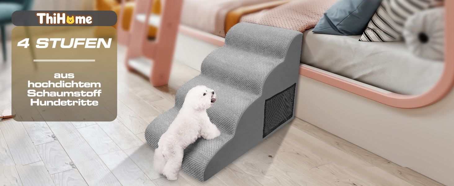 Сходинки для собак маленьких порід, 4 сходинки, знімний підйомник, неслизьке покриття, для ліжка та дивану, сірий колір
