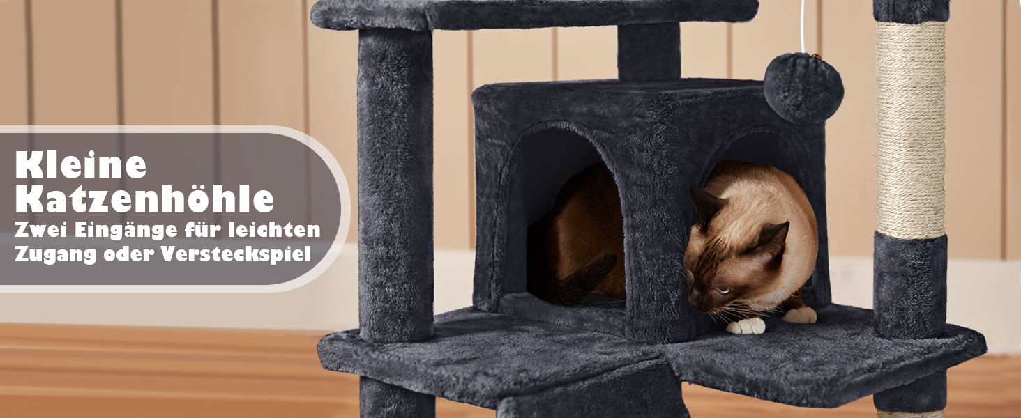 Кігтеточка-кімнатний комплекс Yaheetech 139 см, чорний, з 3 платформами, 3 стовпчиками, 2 хованками та іграшками