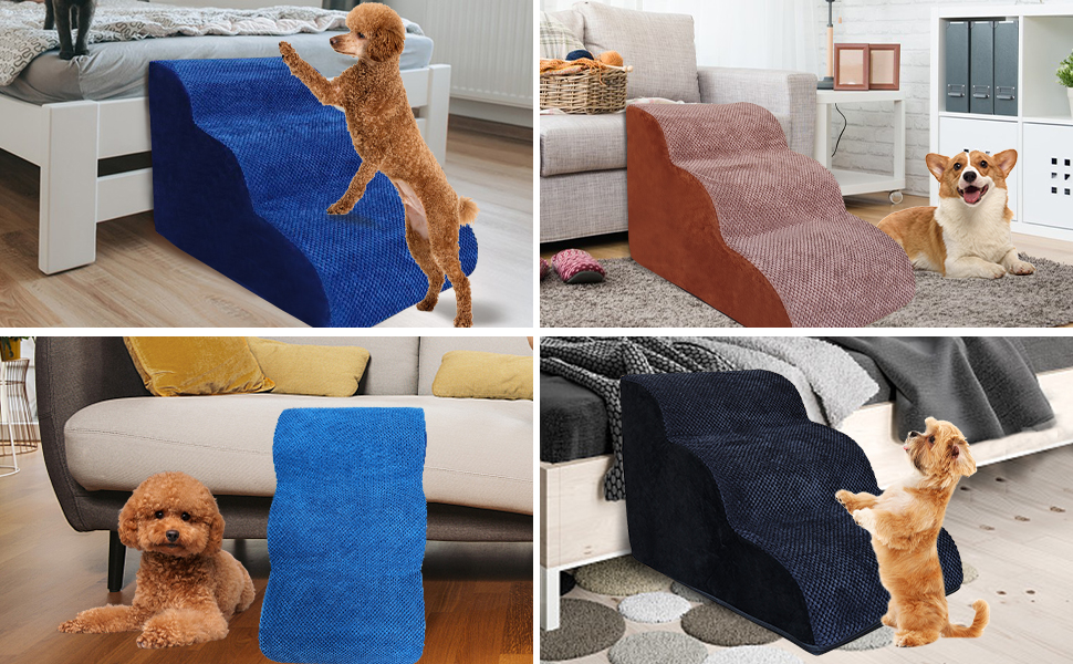 Сходинки для собак Galatée: міцні, з антиковзким покриттям, 3 сходинки для високих ліжок та диванів. Підходять для травмованих, літніх собак та котів (блакитний)