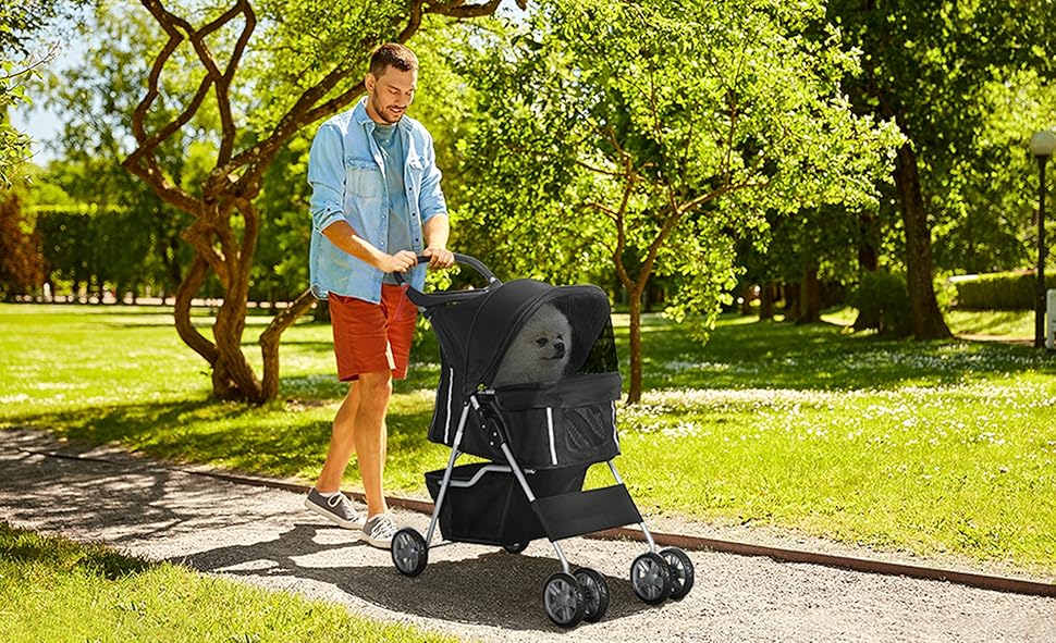 Візок для собак PawHut, розкладний буги для маленьких та мініатюрних собак, візок для котів з кошиком для зберігання, тримачем для чашок, сітковими віконцями, чорний