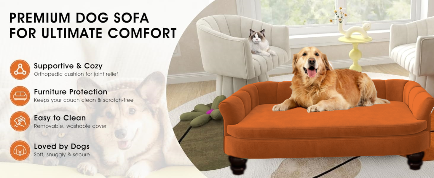Диванчик для собак SEYNAR: м'який, з велюровою подушкою, для великих та середніх собак, для вітальні, миється, оранжевий