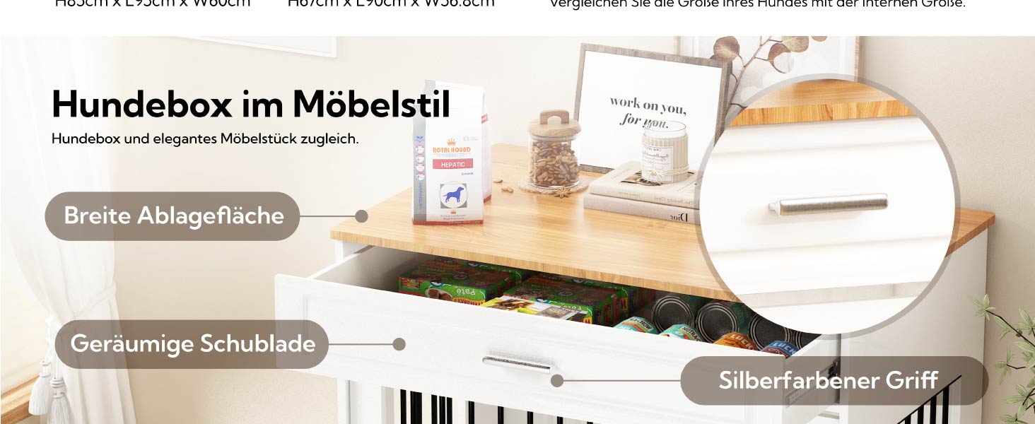 DAWNYIELD Клітка для собак, меблі для тварин, дерев'яний вольєр з відкриваючимся верхом, шухляда, меблевий стиль, внутрішній вольєр для собак, стіл з поворотним мисником на 360°, білий колір, ковзаюча дверцята білого кольору