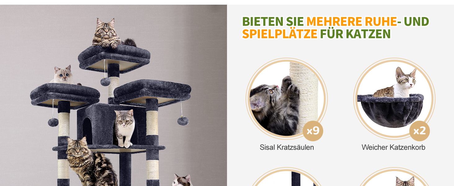 Котячий будиночок Globlazer XXL: великий, 204 см, з 3 лежаками, 2 будиночками, 2 кошиками, гамаком, стабільний для великих котів та кількох котів (F80, темно-сірий)