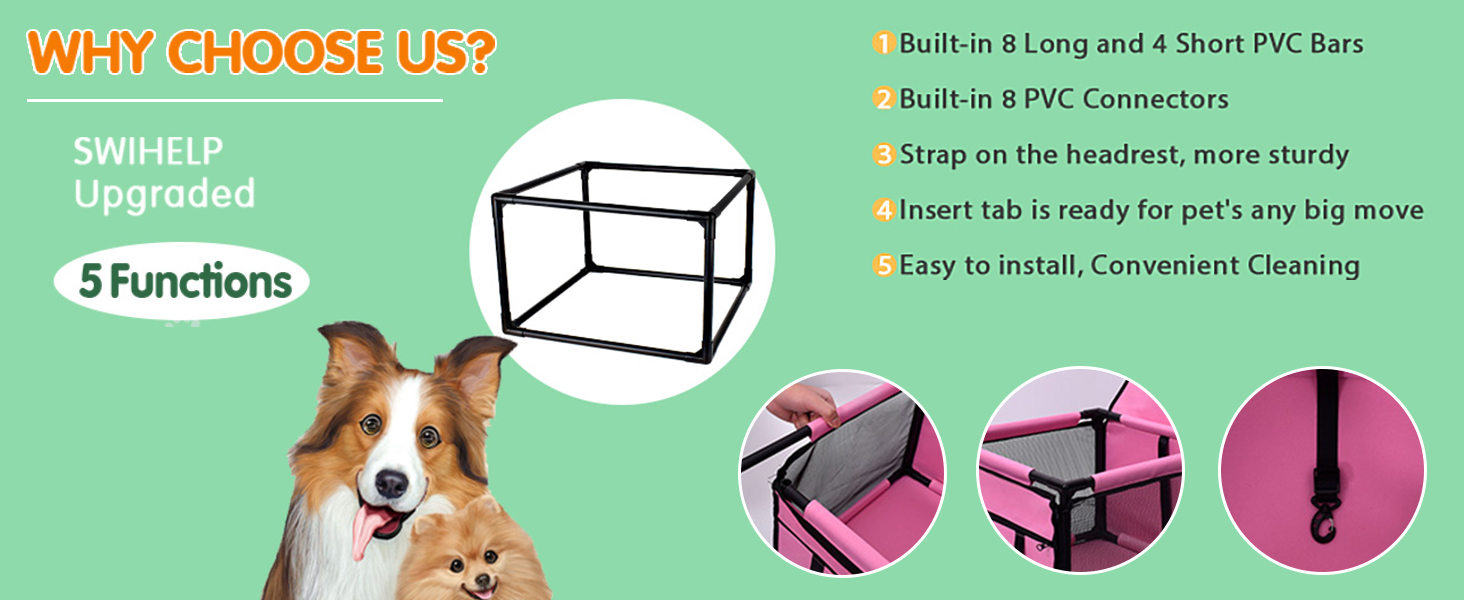 Автокрісло для собак: міцне, водовідштовхувальне, для малих та середніх порід, рожеве, з рамою