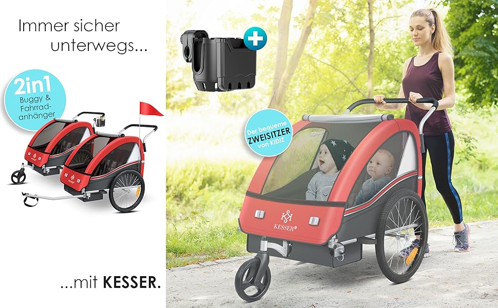 Дитячий велопричіп KESSER Sport-RX 2в1 (велопричіп/візок) для 1-2 дітей, 360° обертання, 5-точкова система безпеки, максимальне навантаження 40 кг, тримач для напоїв та смартфон, червоний