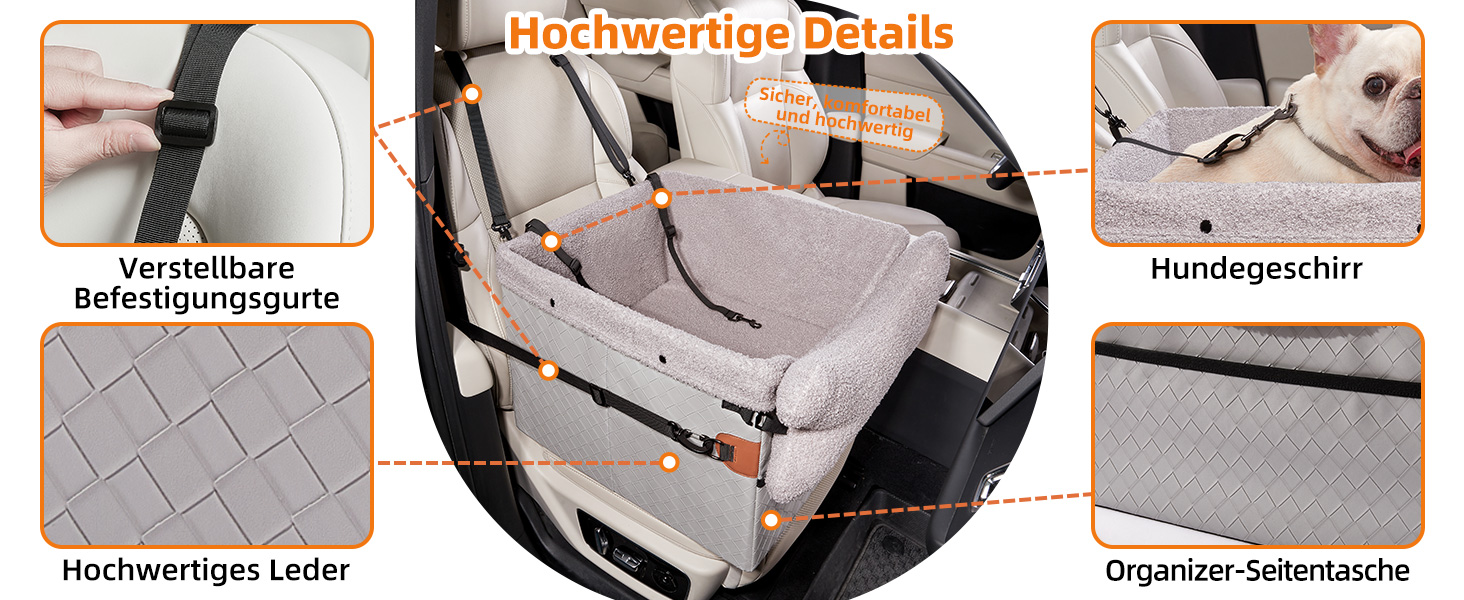 Автокрісло для собак - велике, чорне/сіре, з кишенями та поворотком, для собак середніх та великих порід