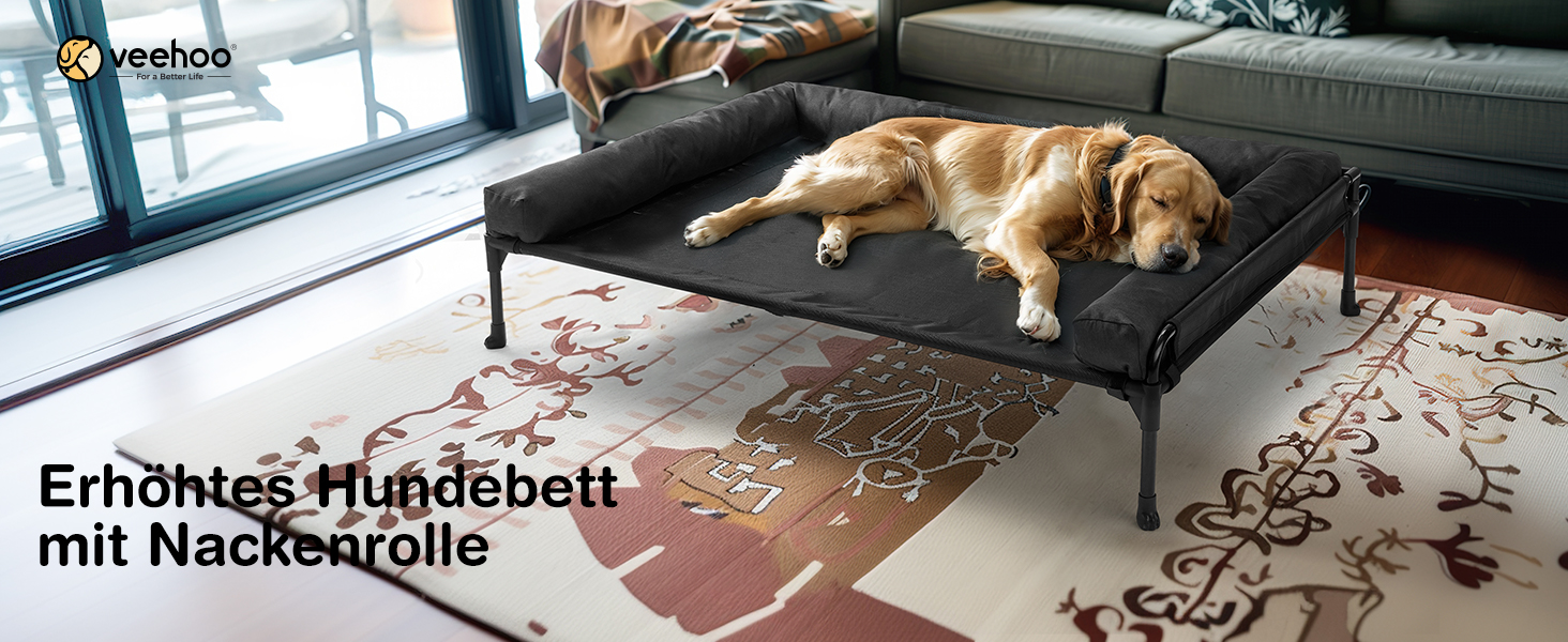 Лежанка для собак Veehoo Outdoor, чорна, 74 x 46 x 18 см. Охолоджуюча, піднята, знімний бордюр, для подорожей, миється.