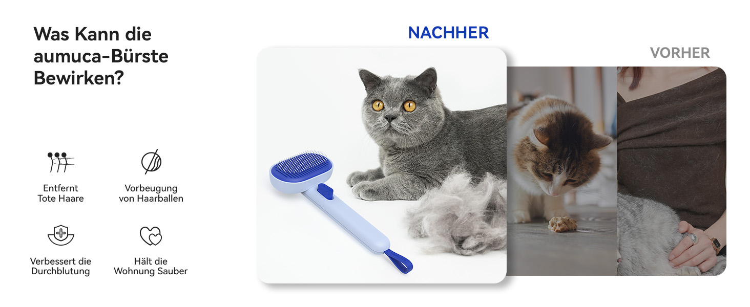 Щітка для котів Aumuca з кнопкою випуску шерсті, довговічна, для короткої та довгої шерсті, видаляє відмерле волосся та масажує (Блакитна)