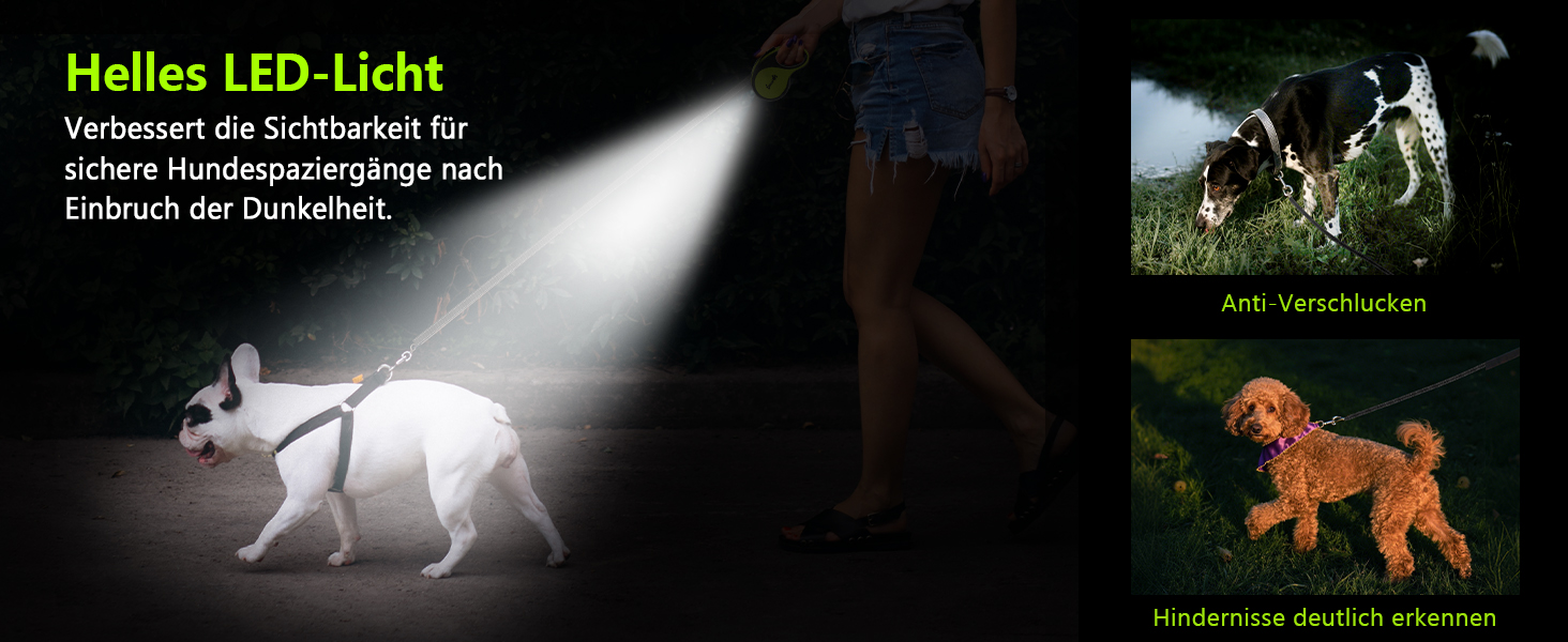 Рулетка для собак Pecute 8м з LED-підсвічуванням, 360° без перекручування, для собак до 50 кг