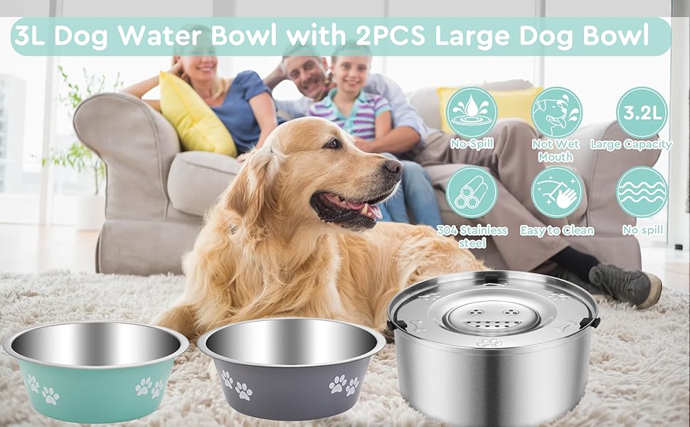 Миска для собак QANIUOS 3L з нержавіючої сталі з антиковзним дном, миска для собак, не протікає, захищена від бризок, плаваюча миска, без бруду, для середніх та великих собак