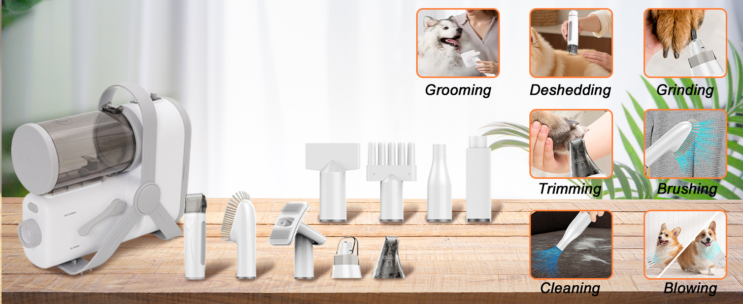 Машина для стрижки собак з пилососом, тиха, для собак та котів. Комплект з 10 інструментів для догляду, контейнер для сміття 2.0 л