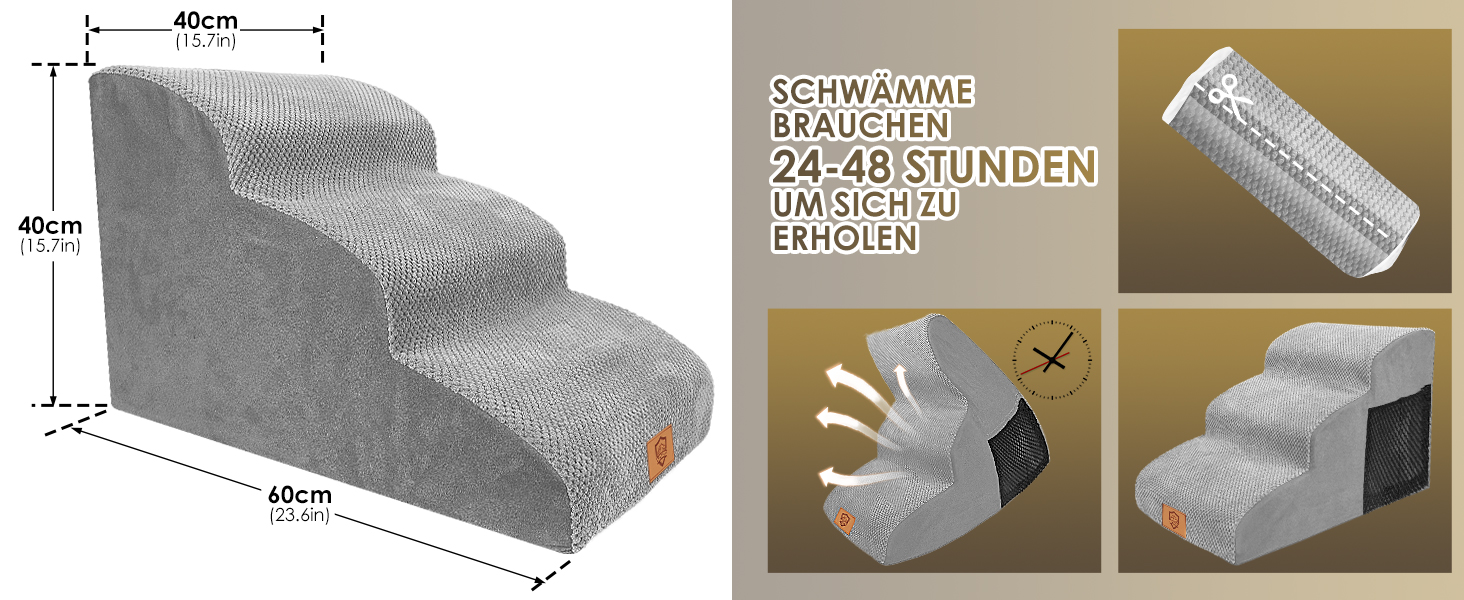 Сходинки для собак маленьких порід, 3 сходинки, водонепроникні, з високощільним губчастим матеріалом, знімні, для доступу до ліжка/софи, сірі.