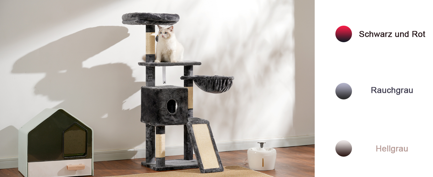Котячий будиночок Hey-brother Kratzbaum 108 см: багатоярусний котячий комплекс з когтеточками, будиночком, гамаком та іграшками, кольори: рудий/чорний, MPJ007SBR (димно-сірий)