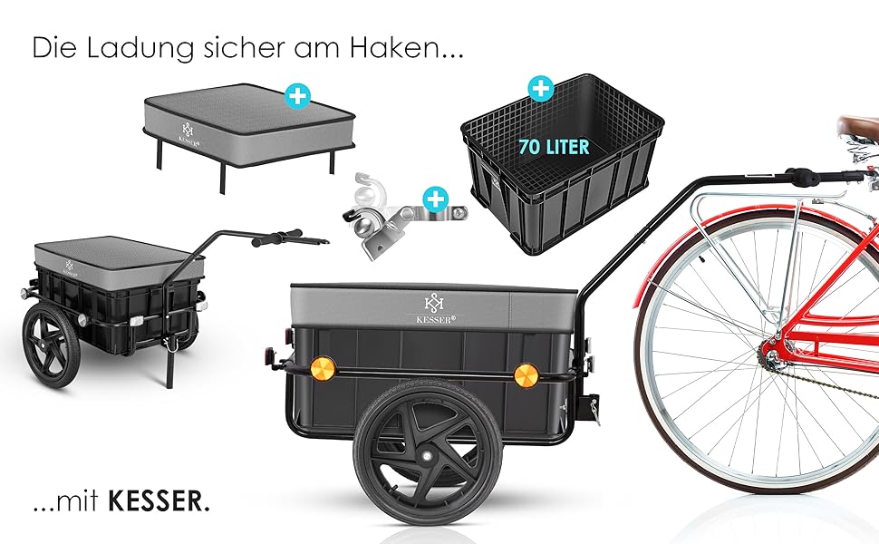 Причіп для велосипеда KESSER®: вантажний, ручний, з кутом нахилу, об'ємом 70 літрів (2 ящики пива) + аксесуари, 26-28 дюймів (сірий)