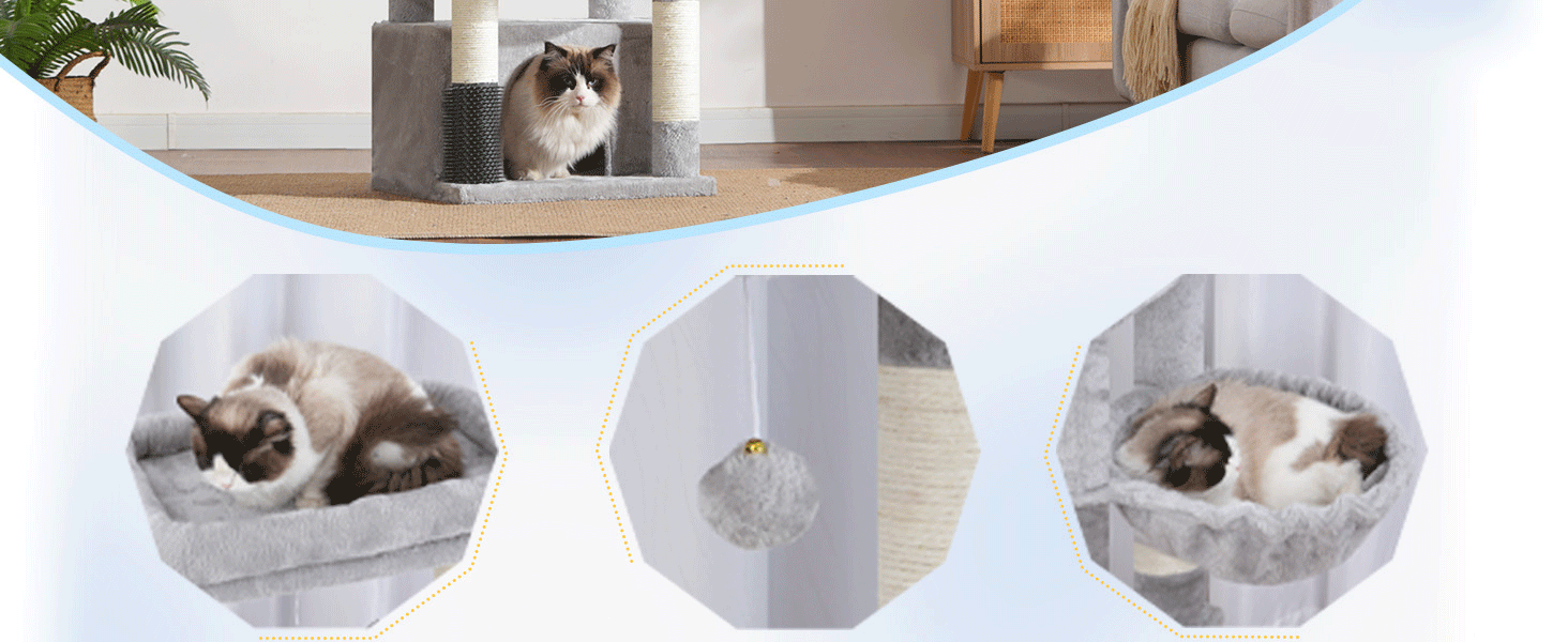 Котячий будиночок Hey-brother Kratzbaum для великих котів та Мейн-кунів, багатоярусний, стабільний, з 2 платформами, 2 будиночками, великою печерею, гребінкою, сірий EMPJ070W