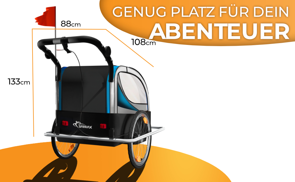 SAMAX Fahrradanhänger Jogger 2in1: Дитячий велопричіп-коляска 2в1 для 2 дітей, повне зчеплення, поворот на 360° (Блакитний - Срібляста рама)