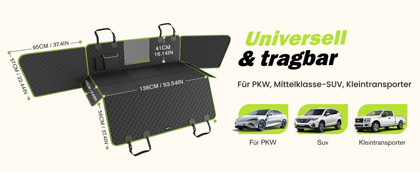 Плед для собак у машину Pecute з жорсткою основою, 136x60 см, захист сидіння, водовідштовхуючий, анти-царапин, для собак до 150 кг, чорний з зеленим кантом