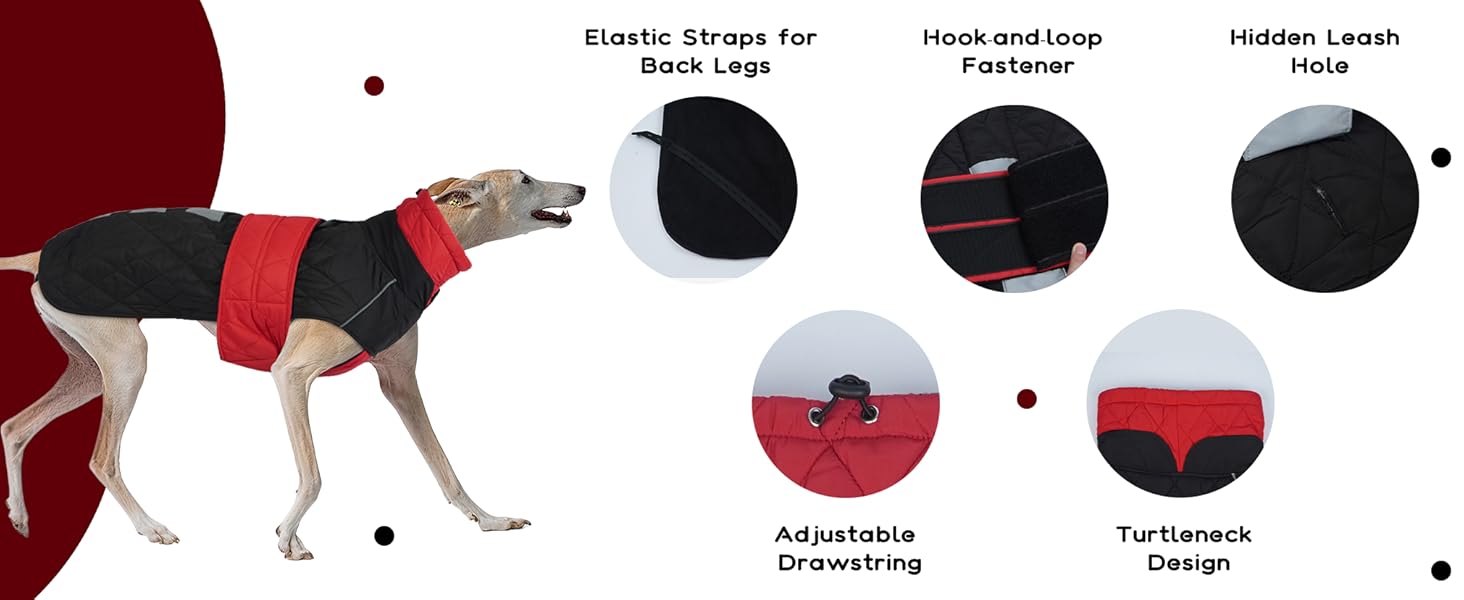 Зимовий теплий дощовик для собак Віндхунд (Whippet) - червоний, з відбиваючими смугами