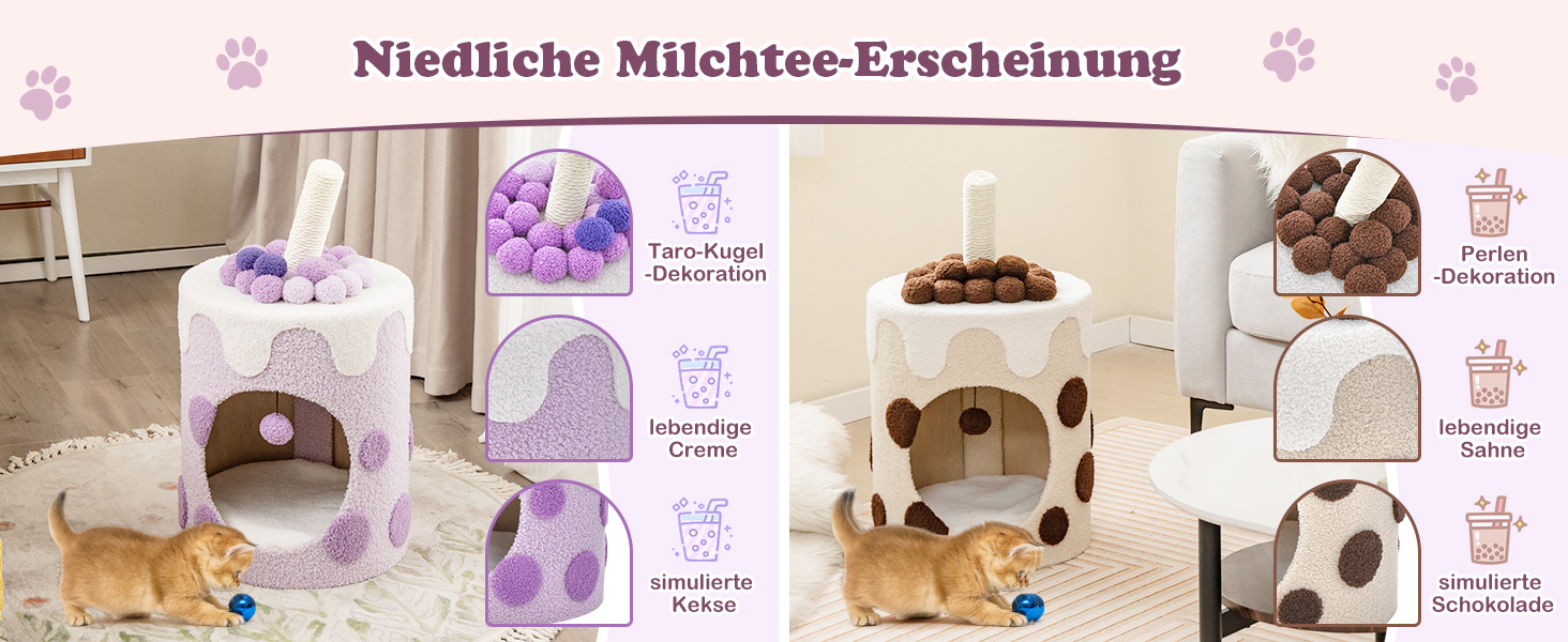 Дряпальня для котів COSTWAY Milktee, кігтеточка з сизалю з іграшками, дряпальний комплекс з будиночком, 37x37x67 см (колір кавовий)