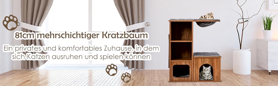 Котячий будиночок GYMAX з когтеточкою 81 см: дерев'яні меблі для котів з когтеточкою, лежаками, гамаком та 2 печерами, до 20 кг