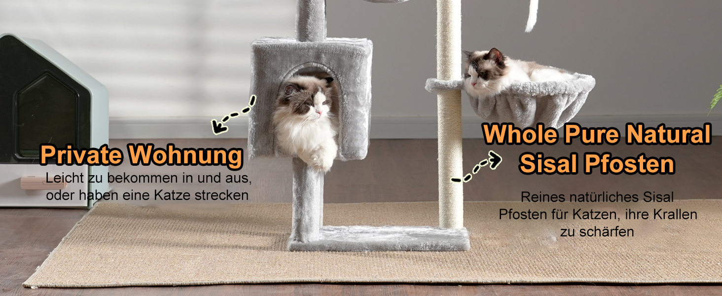 Кігтеточка для котів Heybly Kratzbaum 100 см: комплексна кігтеточка з платформою, гамаком, іграшками, сірого кольору HCT006SW