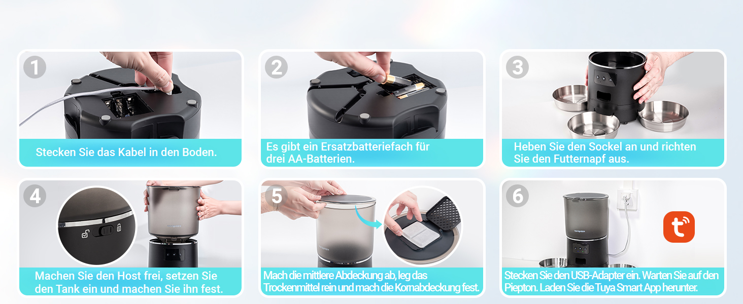 Автоматичний годівниця для котів з Wi-Fi та таймером, 6 л / 25 чашок, 3 миски, 3 пакети силікагелю, система проти застрягання, 2.4G Wi-Fi, запис голосу 10 секунд, чорний