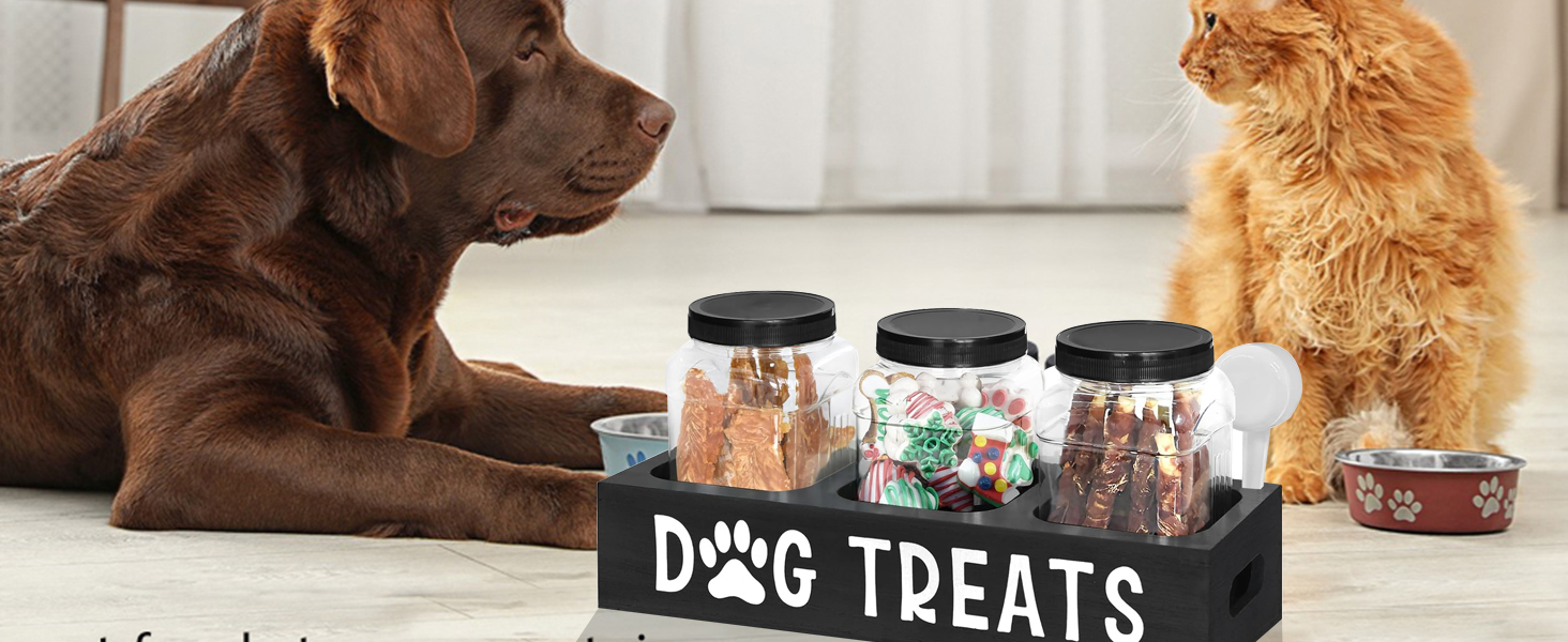 Контейнер для ласощів для собак Niciksty, дерев'яний контейнер для корму з 3 скляними банками, контейнер для корму для собак та котів, чорний