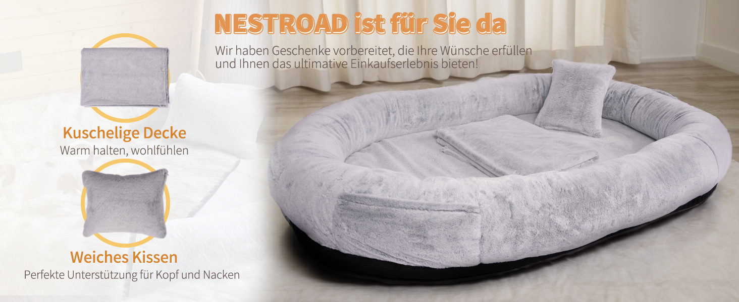 Крісло-мішок NESTROAD для собак та людей, 180x114x35 см, знімний чохол з штучного хутра, ковдра та подушка, сірий колір