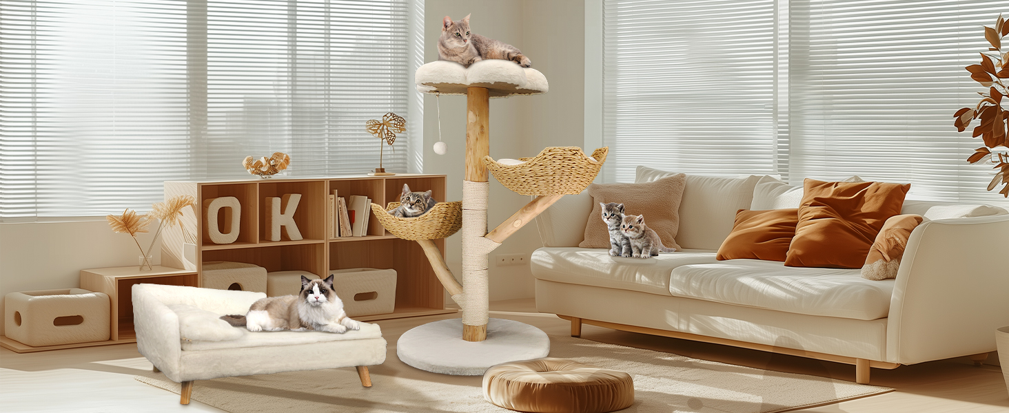 Кігтеточка BingoPaw Modern для котів: дерев'яна кігтеточка 111 см з 2 кошиками з лози, сизалевим стовпом, платформою та плюшевим м'ячиком. Велика кігтеточка-вежа для кількох котів.