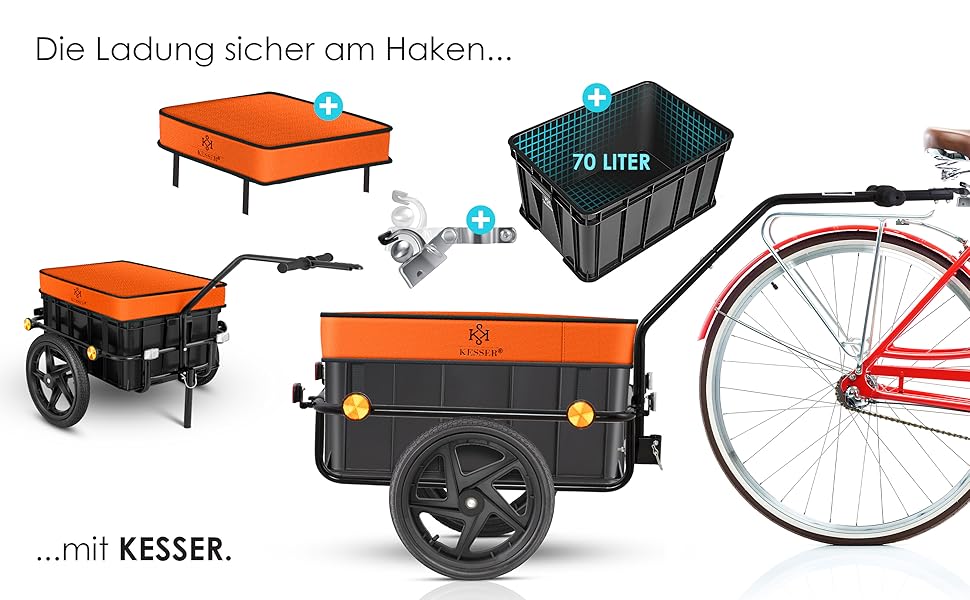 Причіп для велосипеда KESSER® з об'ємом 70 літрів, вантажний, для транспортування вантажів, сумісний з колесами 26-28 дюймів (Оранжевий)