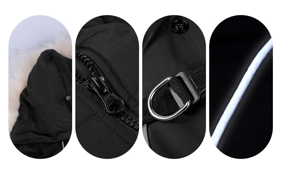 Теплий зимовий одяг для собак: курка з начосом, світловідбиваючими смугами та двома D-кільцями. Розмір M, чорний колір.