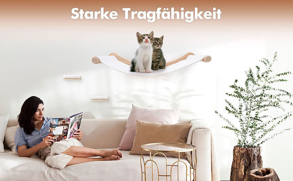 Підвісна лежанка для котів на стіну, набір для лазіння з масиву дерева з котячою сходинкою - стійке котяче ліжко, економне котяче меблеве рішення для сну, лазіння та відпочинку (підвісна лежанка + 2 сходинки)