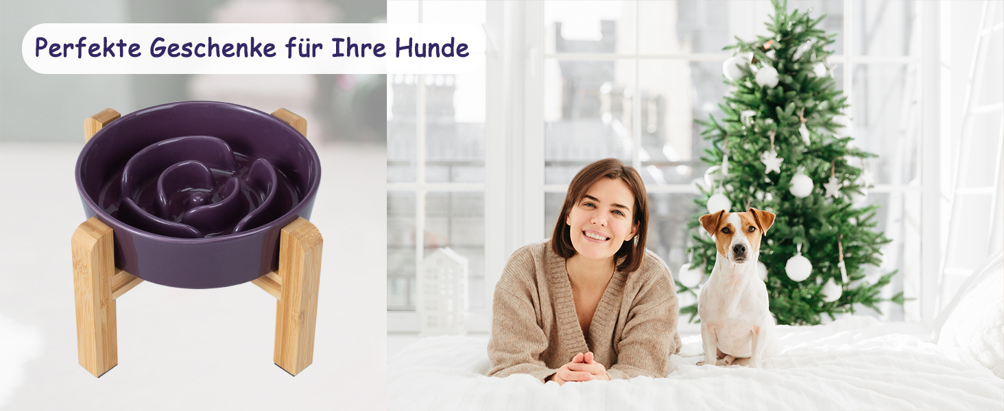 Антислизька годівниця для собак з кераміки, піднята - годівниця на бамбуковому підставці - для повільного годування - для маленьких та середніх собак - біла - діаметр 17 см