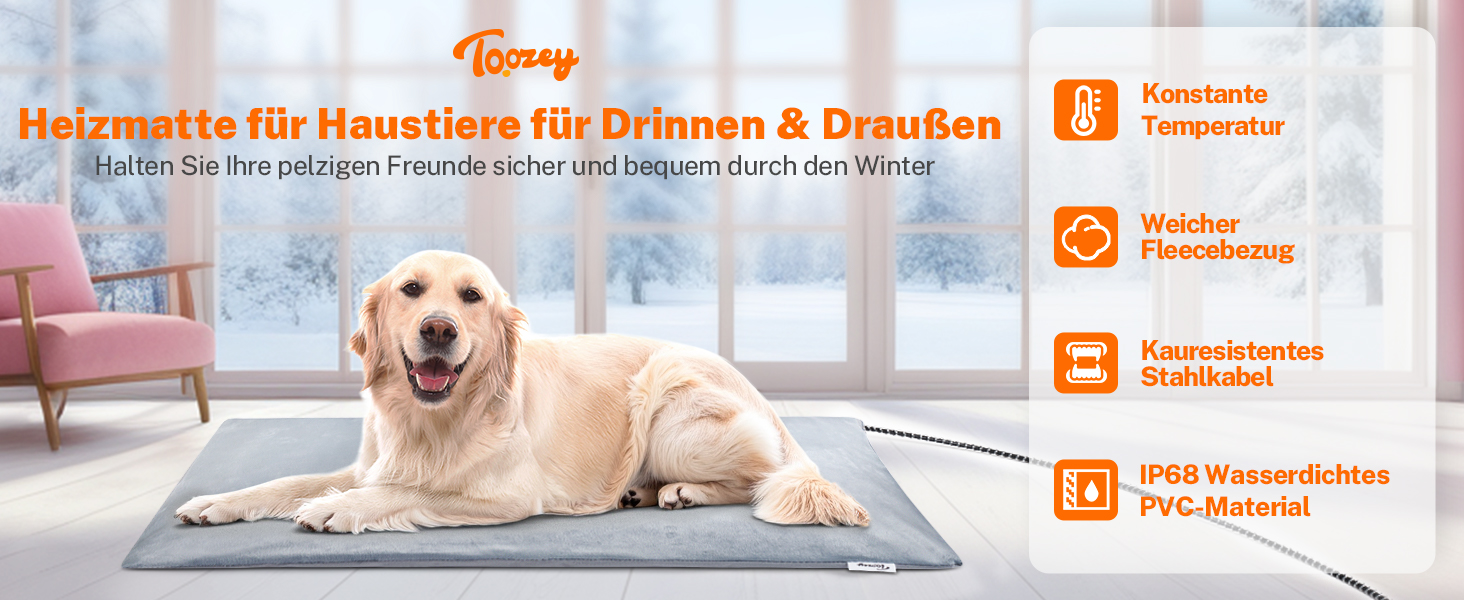 Топіркова ковдра Toozey для домашніх тварин з водонепроникним покриттям та кабелем, стійким до кусання, автоматичне регулювання температури, 70x40 см, сіра