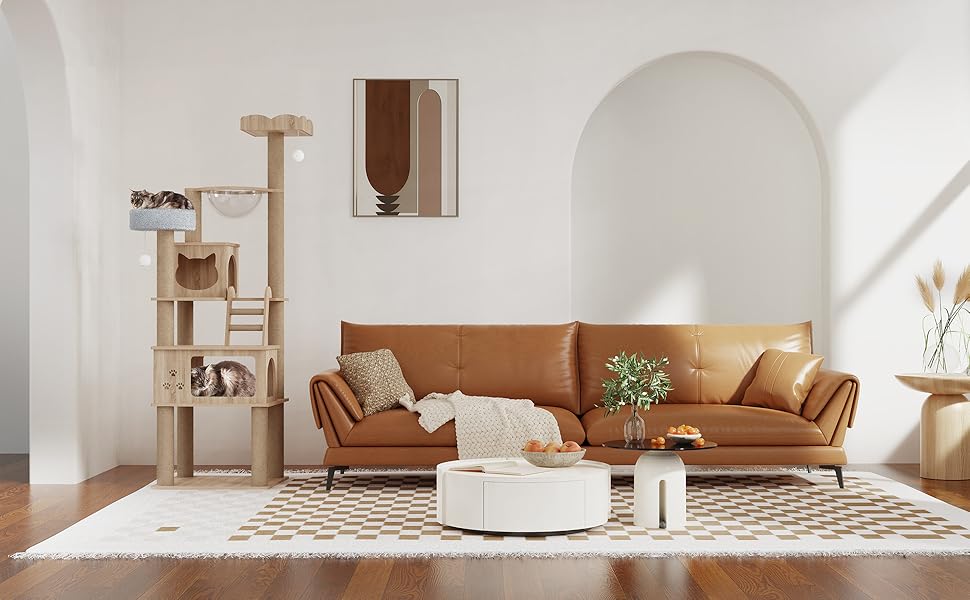 Дерев'яна кігтеточка Mondeer для кімнат з двома будиночками для котів, контейнером для наповнювача, прозорою капсулою, знімними плюшевими подушками, розмір 60x50x184 см, дуб