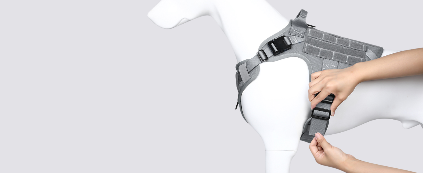 Шлейка для собак Rabbitgoo великих порід, без натягу, тактична з MOLLE, металеві пряжки, дихаюча, військова, регульована, з підкладкою, сіра, L (1 шт.)