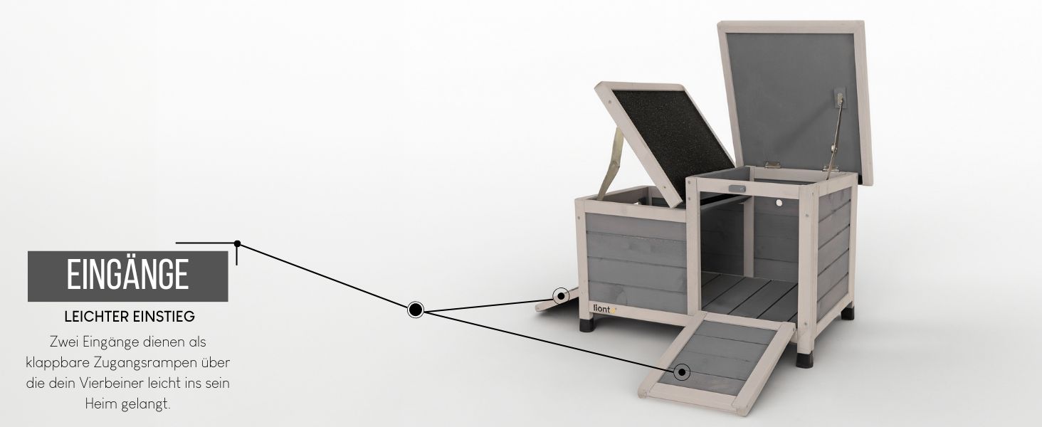 Клітка для кроликів Lionto з дерева з двома входами, 70x43x45 см, водостійке дах з бітуму та пластикові ніжки, для внутрішнього та зовнішнього використання, зимостійка, сучасний дизайн