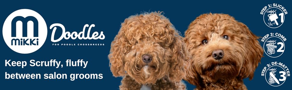 Набір для догляду за шерстю собак та цуценят Mikki: гребінець зі сталі та щітка Slicker з жорстким ворсом. Підходить для порід: пуделів, кокапу, лабрадуділів, кавапу, мальтипу та голден дуділів.