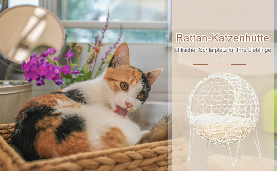 Pawhut Ротанговий будиночок для кота з подушкою, підняте ліжко для домашніх тварин, кремово-білий, Ø45 x 57H см