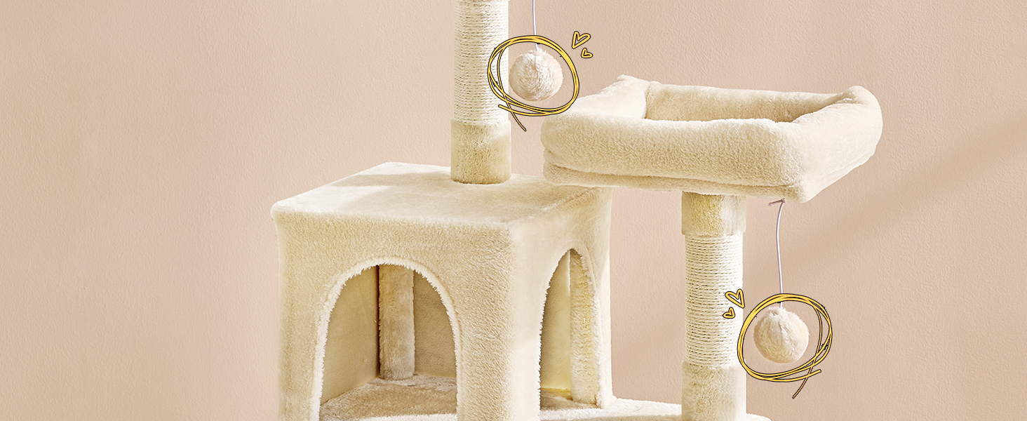 Кігтеточка для котів MSmask велика, стабільна, багатоярусна з 2 платформами, 2 будиночками, гамаком та сизалевими стовпчиками (Бежевий, 160 см)