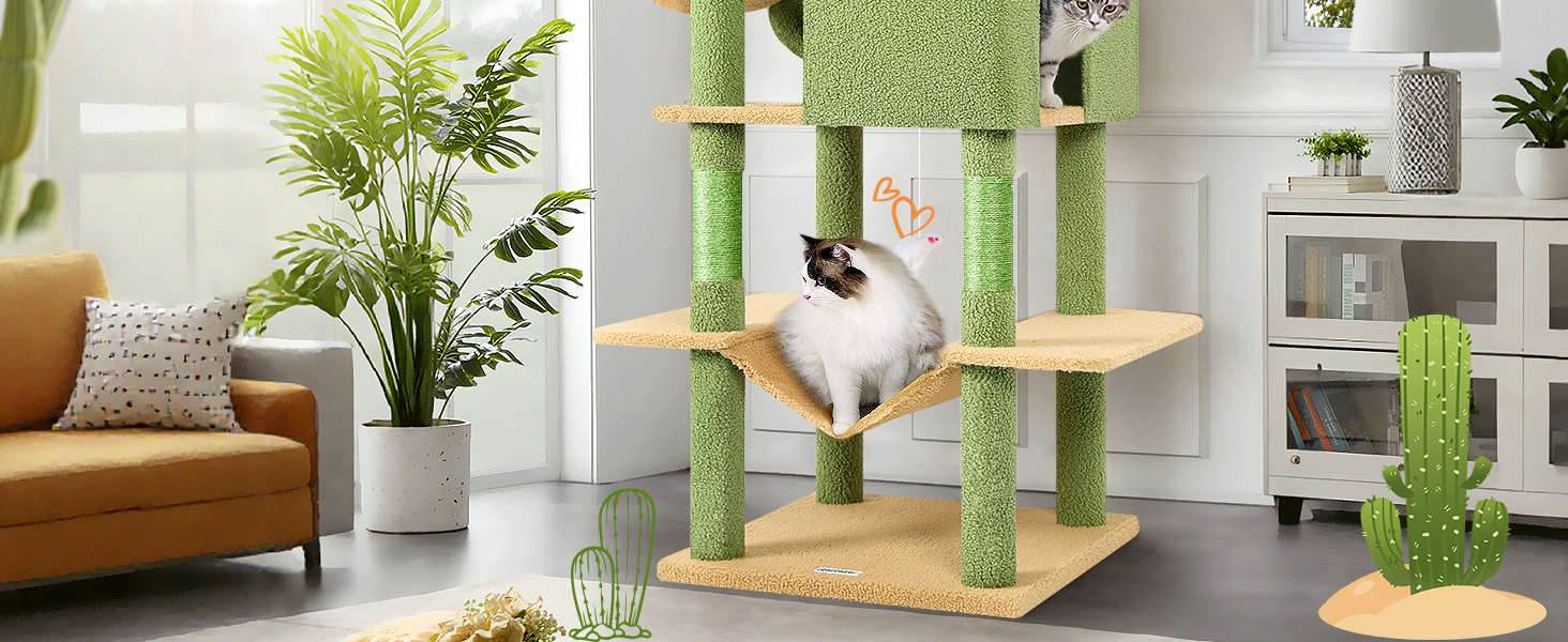 Драбина для котів Globlazer Kaktus XXL, 195 см: 2 будиночки, 2 стійки, гамак, кошик. Стабільна, для дорослих котів.