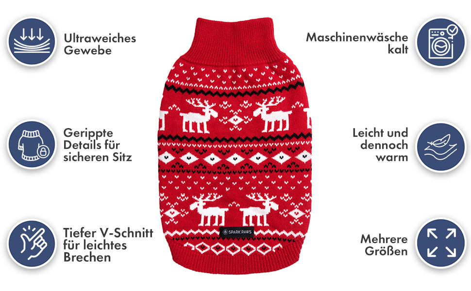 Теплий зимовий пуловер для собак Spark Paws – ультрам'який, для маленьких, середніх та великих собак, еластичний, для Французьких бульдогів, пітбулів, сук та самців (Dasher Red, 2XL: 16-25кг)