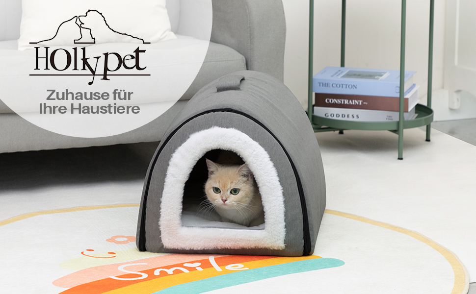 Кігтеточка-ліжко для котів та маленьких собак Hollypet, сірий колір. Зручне ліжко-печера з льону 2-в-1, тепле гніздо для котів та собак.