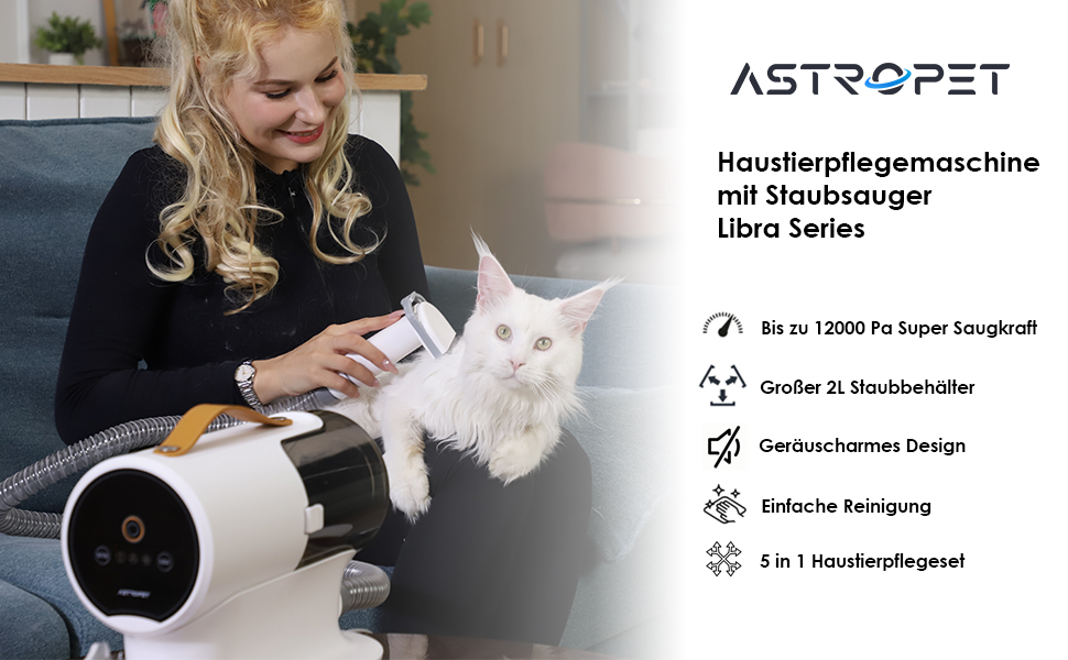 Електронська машинка для стрижки собак AstroPet з пилососом, тиха машинка для грумінгу з 5 насадками для собак та котів, контейнер для пилу 2 л