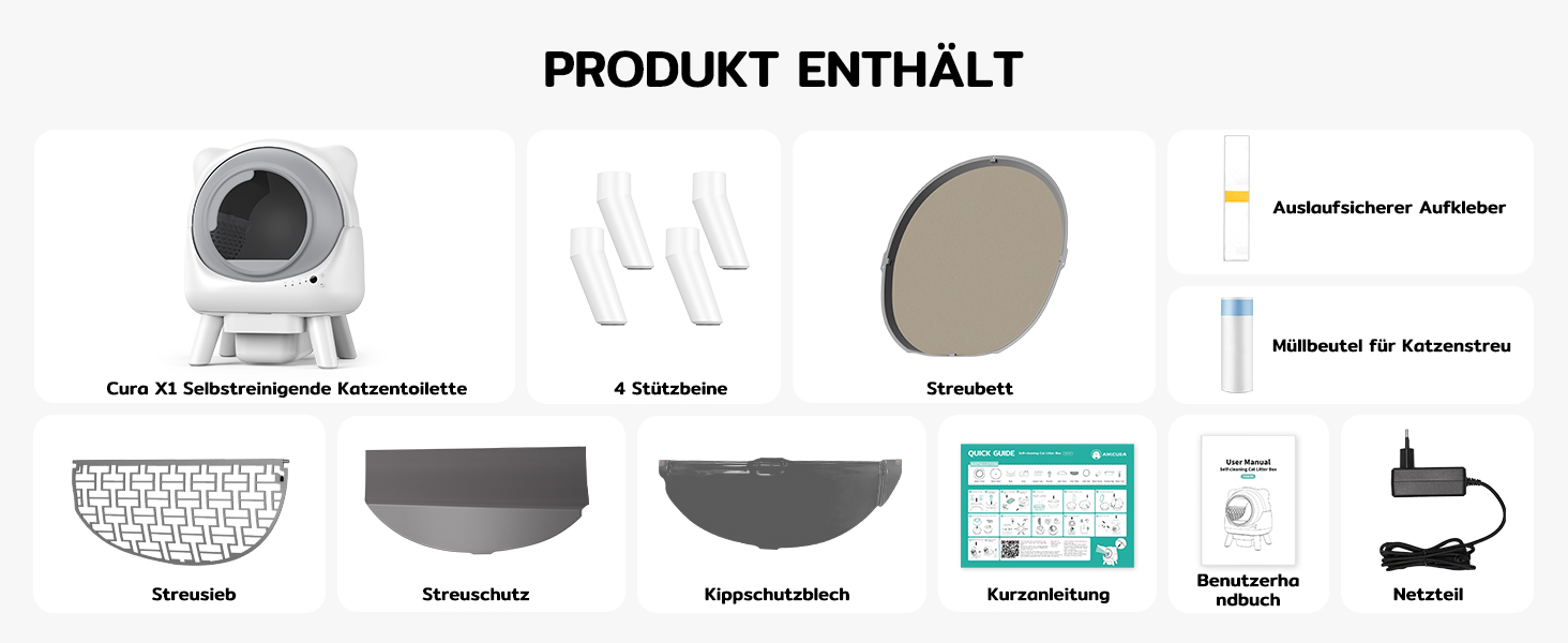 Автоматичний лоток для котів Cura X1 Katzenklo: самоочищення, 80+8 л, датчики безпеки, контроль через додаток, для кількох котів