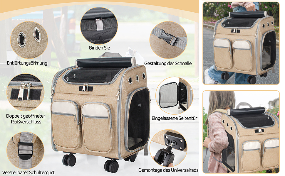 Рюкзак-переноска для кота OUUTMEE з візком, до 20 кг, велика, дихаюча, бежева