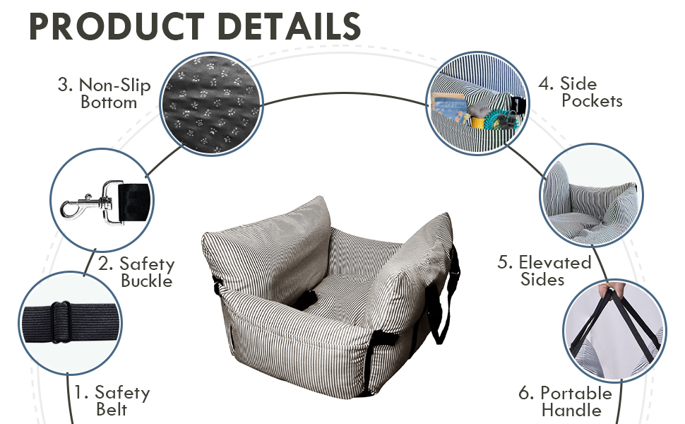 Автокрісло для собак - автокрісло-бустер для маленьких та середніх собак до 18 кг з ременем безпеки та кишенями для зберігання, антиковзаюча підставка (смугастий морський колір) (коричневий, 76.2 x 52 см)