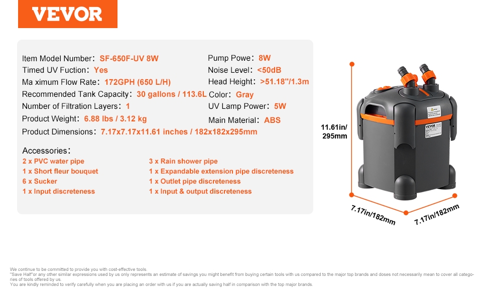 VEVOR Каністровий фільтр для акваріума 264GPH, 284 л, ультратихий, з UV-захистом, багатофункціональний внутрішній фільтр, 11 Вт