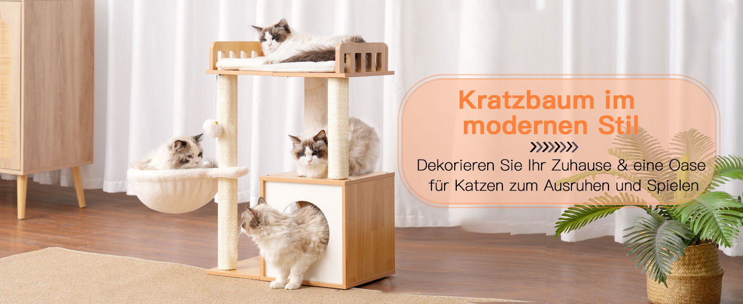 Дерев'яна кігтеточка Heybly HCT007SSR для котів: кігтестоїка-стійка з платформою 30x50 см, будиночком та 2 сизалевими стовпчиками, коричнева