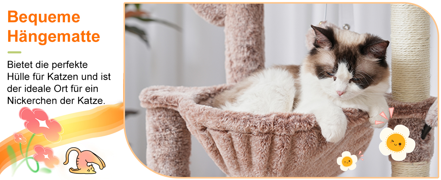 Кігтеточка-комплекс для котів Heybly HCT006SW, 100 см, з платформою, гротоподібною печерою та гамаками, коричнево-бежевий